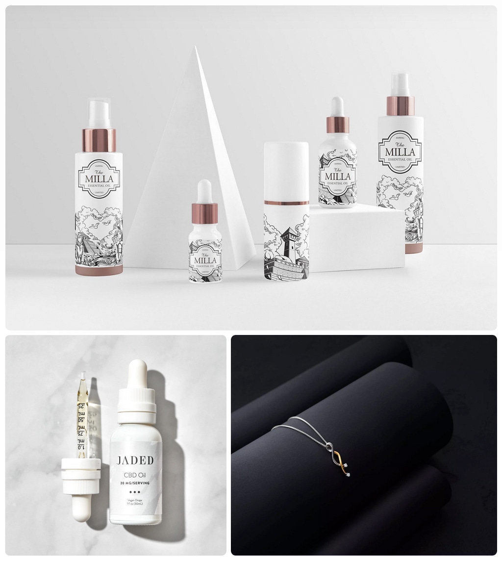 Minimalist setup featuring skincare bottles, CBD oil dropper, and a delicate necklace on black and white backgrounds