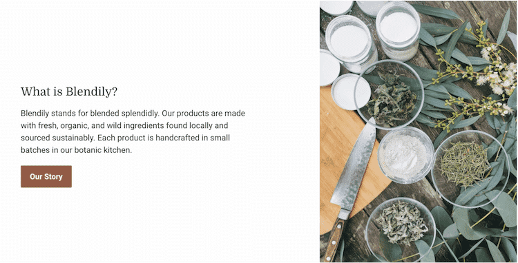Flat lay of organic herbs and ingredients with cutting board and knife for Blendily handcrafted skincare.
