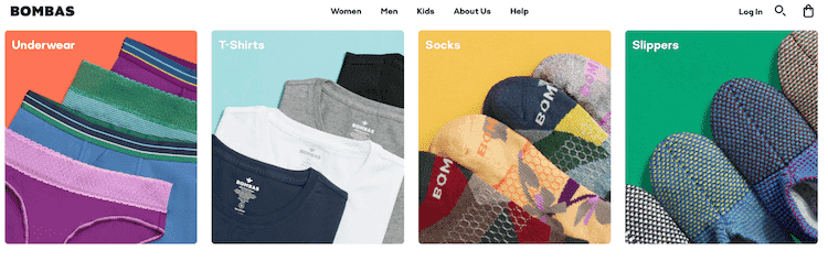 Bombas flat lay of colorful socks, t-shirts, underwear, and slippers, organized by product type.
