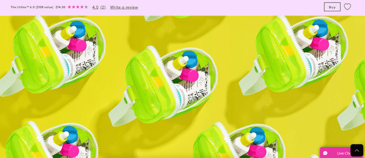 Repeating pattern of Drunk Elephant The Littles™ 6.0 skincare set in neon pouch on yellow background.