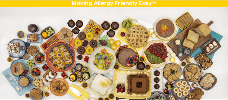 Flat lay of allergy-friendly foods, including muffins, pies, fruits, and baked goods by Hungry Harry's.