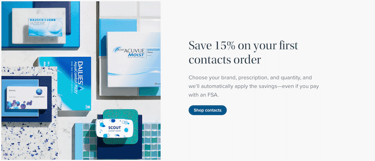 Warby Parker flat lay of contact lens brands with 15% discount offer on first order.