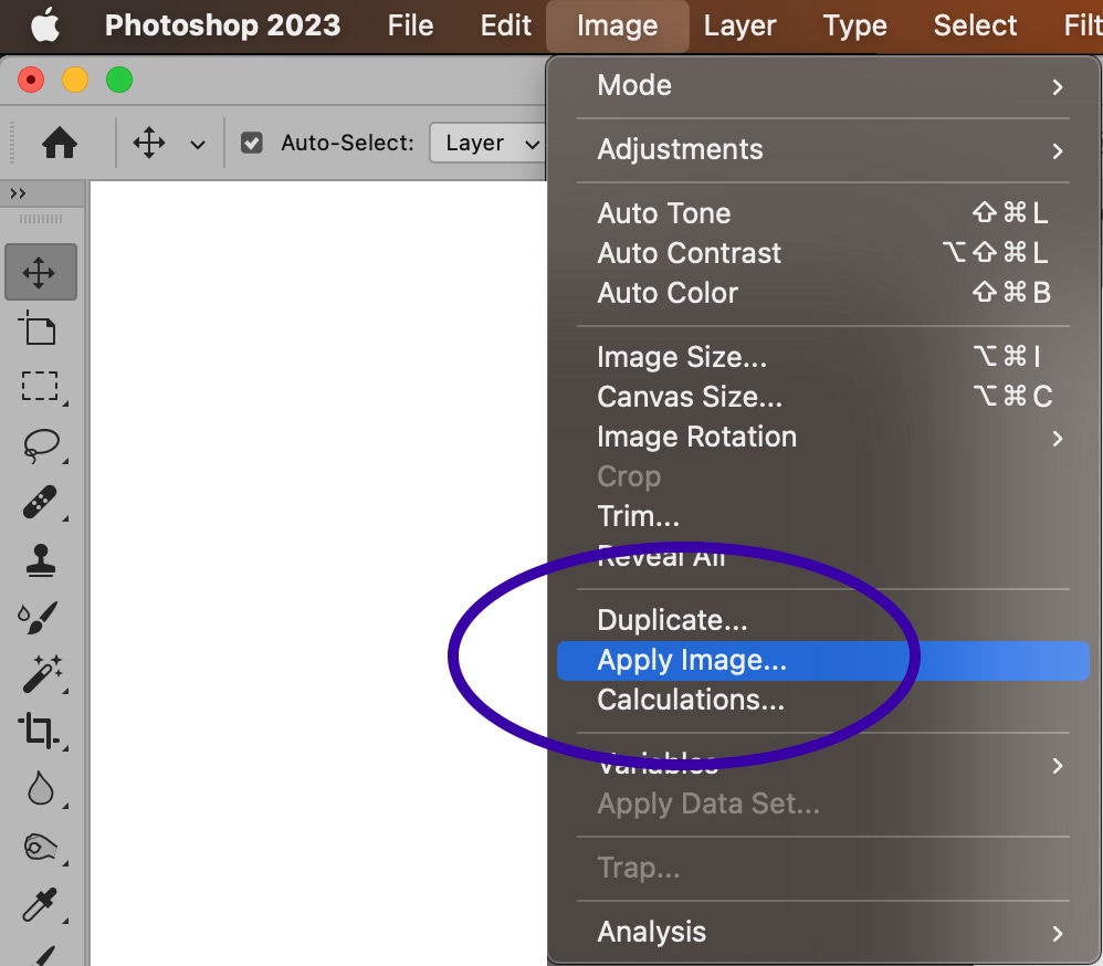 Photoshop 2023 Image menu with Apply Image option highlighted in blue