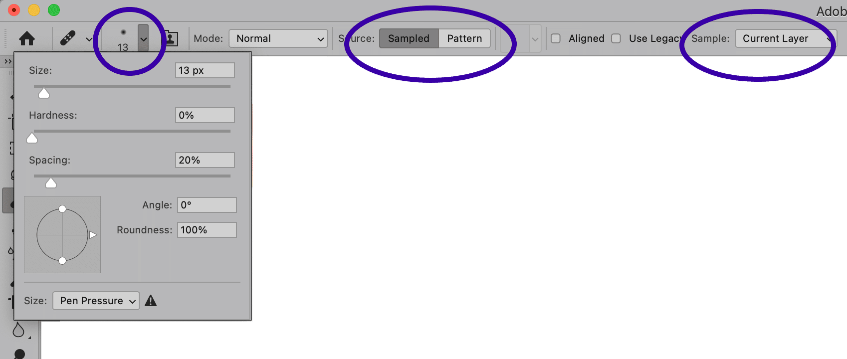 Photoshop brush settings panel with sampled, pattern, and current layer options highlighted