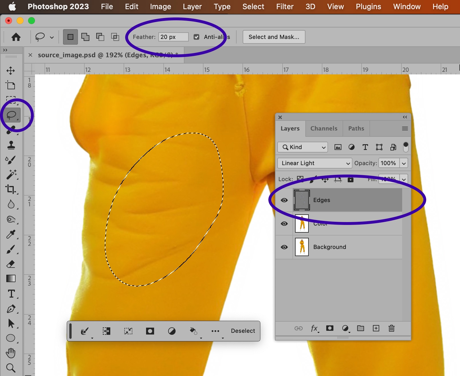 Photoshop interface with feathered selection applied to yellow pants and Linear Light blending mode on Edges layer