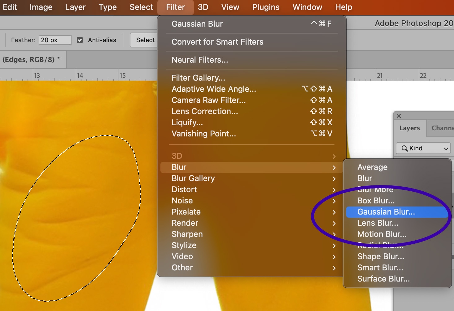 Photoshop menu with Gaussian Blur selected, applied to feathered selection on yellow fabric