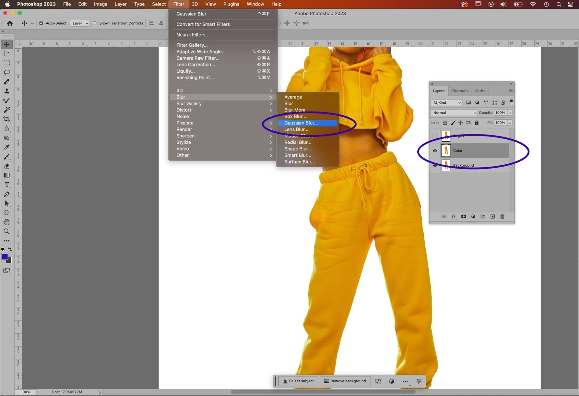 Photoshop interface showing Gaussian Blur option with selected color layer for editing.