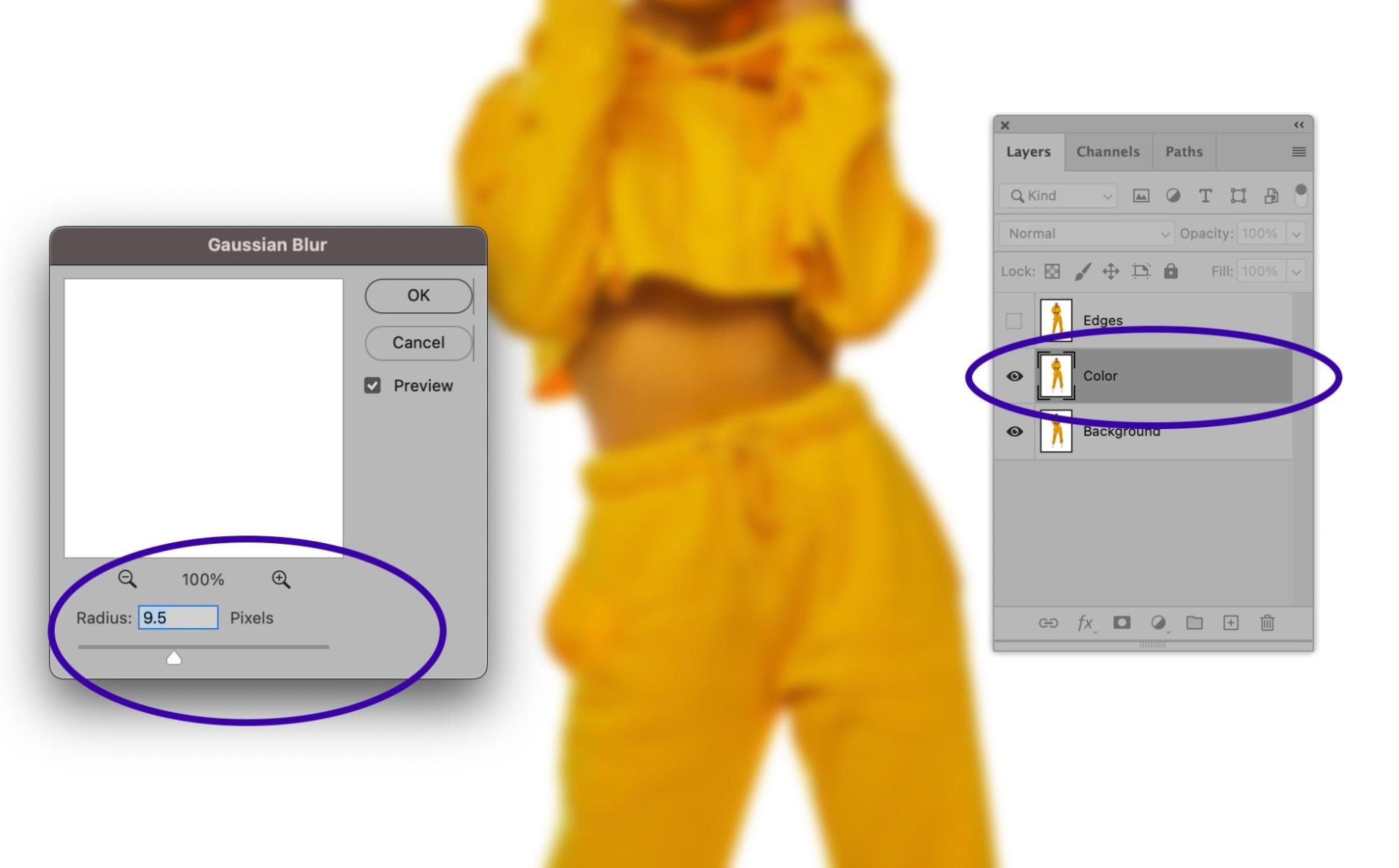 Photoshop Gaussian Blur settings with radius set to 9.5 pixels, applied to color layer.