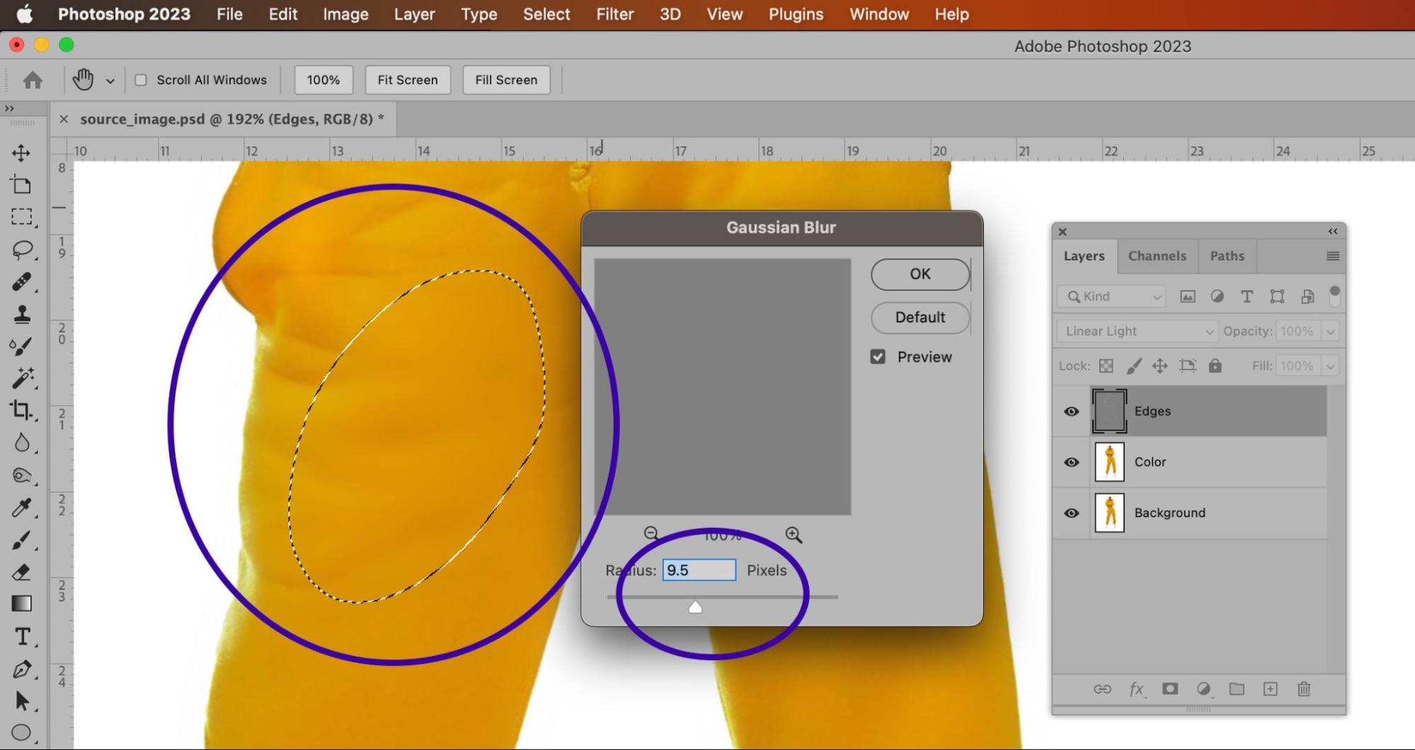 Photoshop Gaussian Blur tool set to 9.5 pixels with feathered selection on yellow fabric