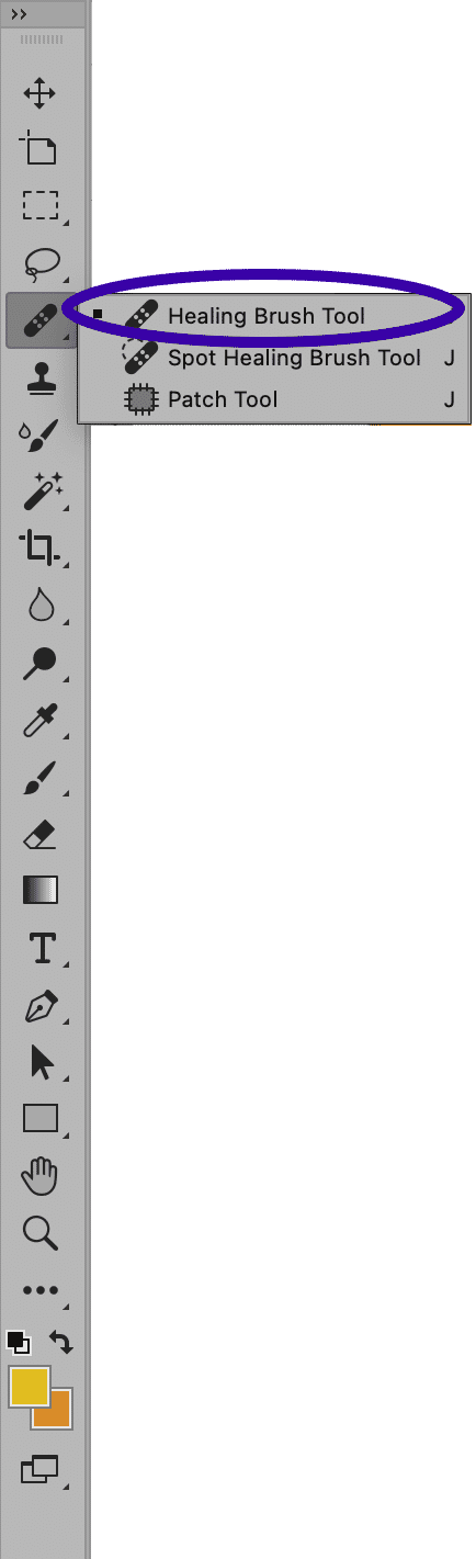 Photoshop toolbar with Healing Brush Tool options highlighted.