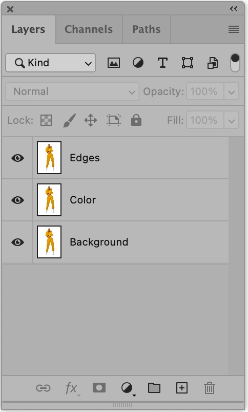 Photoshop Layers panel showing Edges, Color, and Background layers