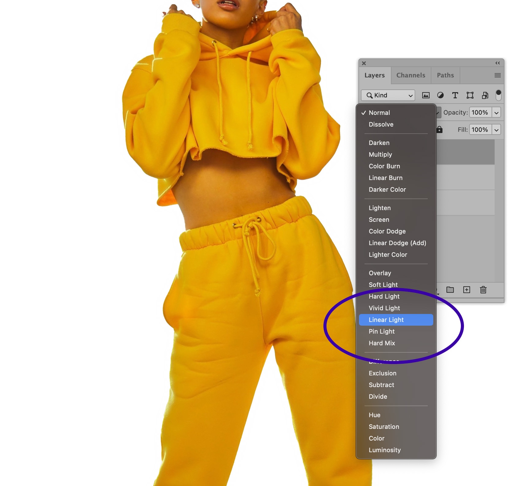 Photoshop blending mode menu with Linear Light option highlighted next to an edited layer of a person in yellow outfit