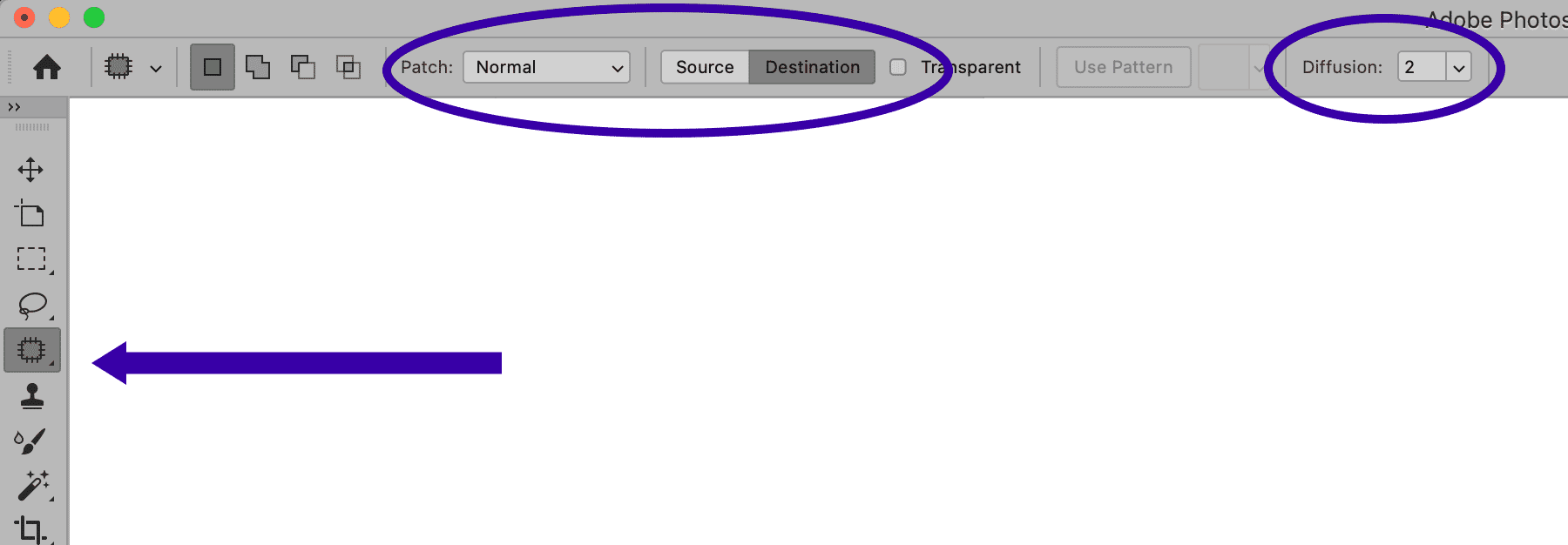 Photoshop patch tool options panel highlighting mode, source, and diffusion settings