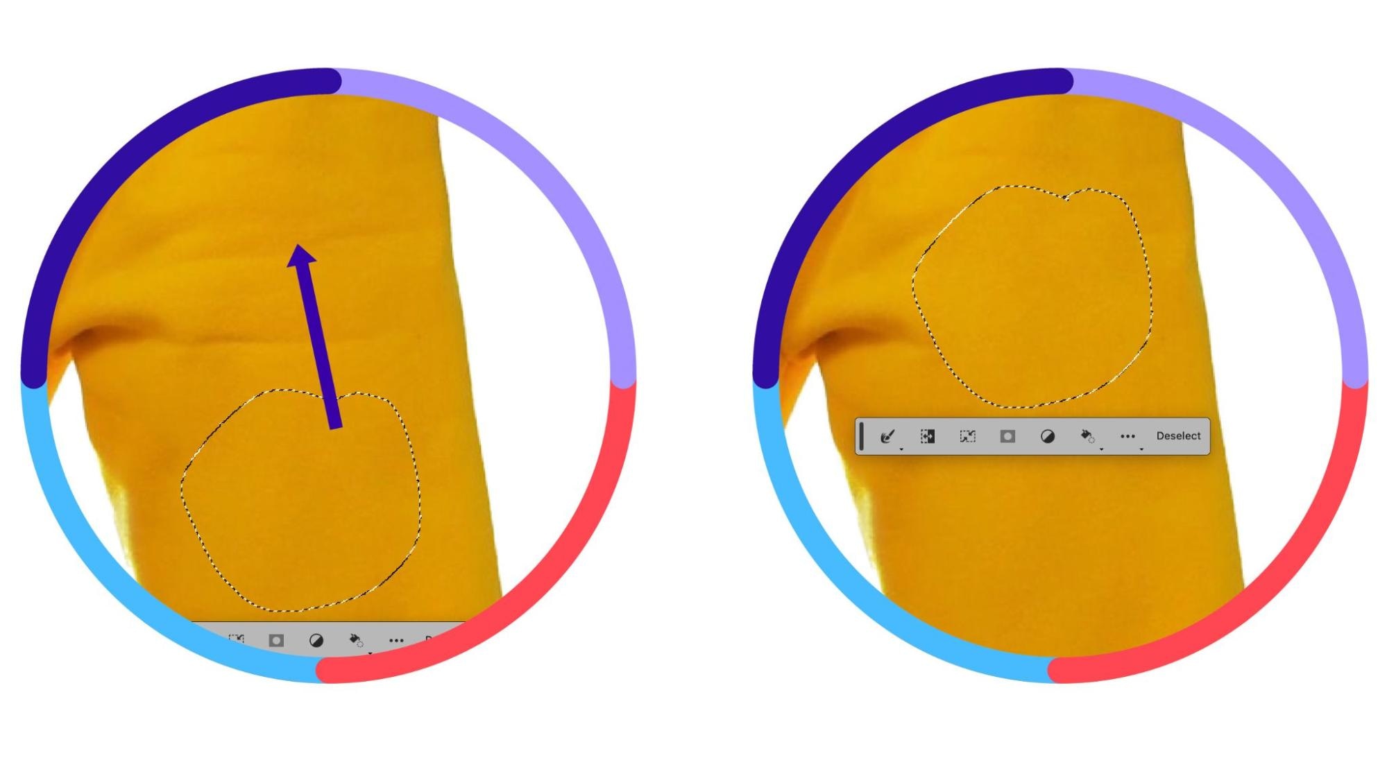 Two close-up views showing Photoshop patch tool applied to remove wrinkles on yellow fabric.