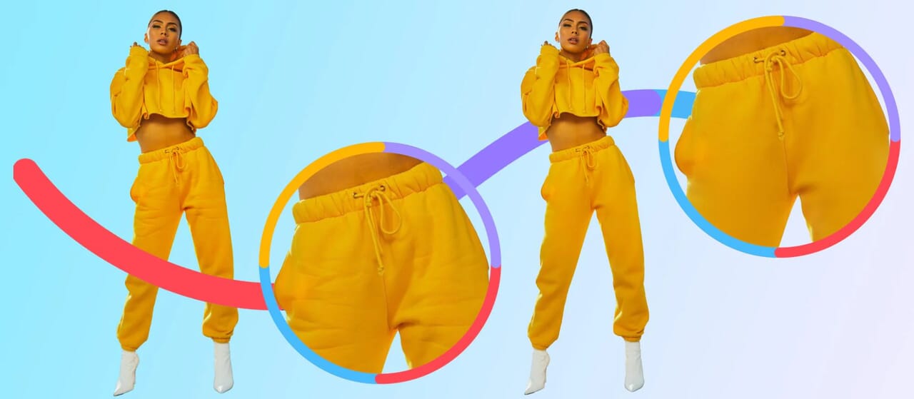 Model in yellow tracksuit with close-up of wrinkle smoothing effect in Photoshop