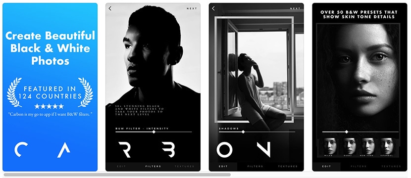 Carbon app interface for creating black and white photos with filters and skin tone detail presets