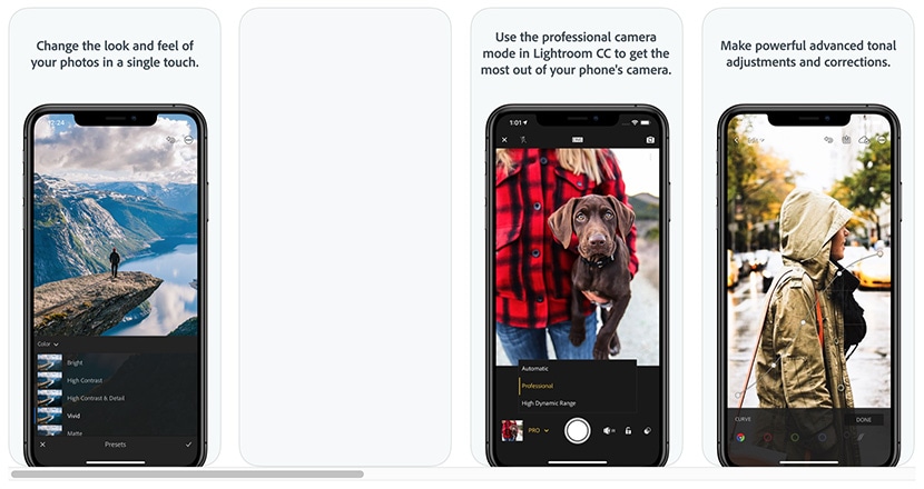 Lightroom CC on smartphone showcasing photo presets, professional camera mode, and tonal adjustments