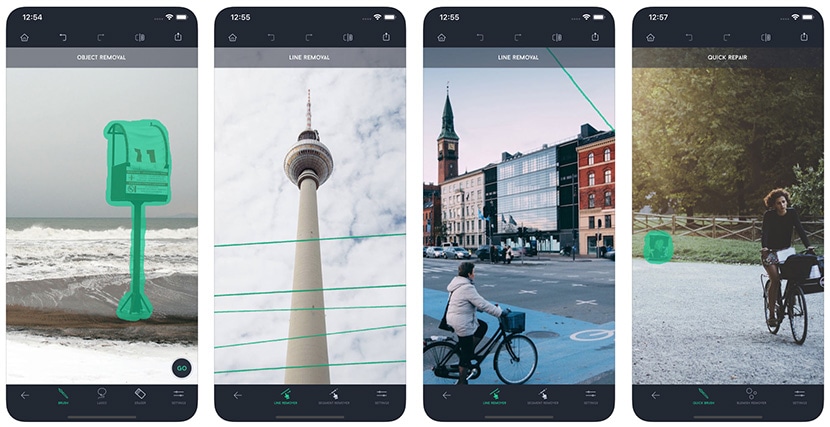 Mobile photo editing app interface showing object and line removal tools for seamless photo cleanup