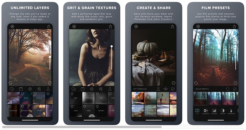 Mobile app interface showing layers, grit textures, film presets, and sharing options for photo editing