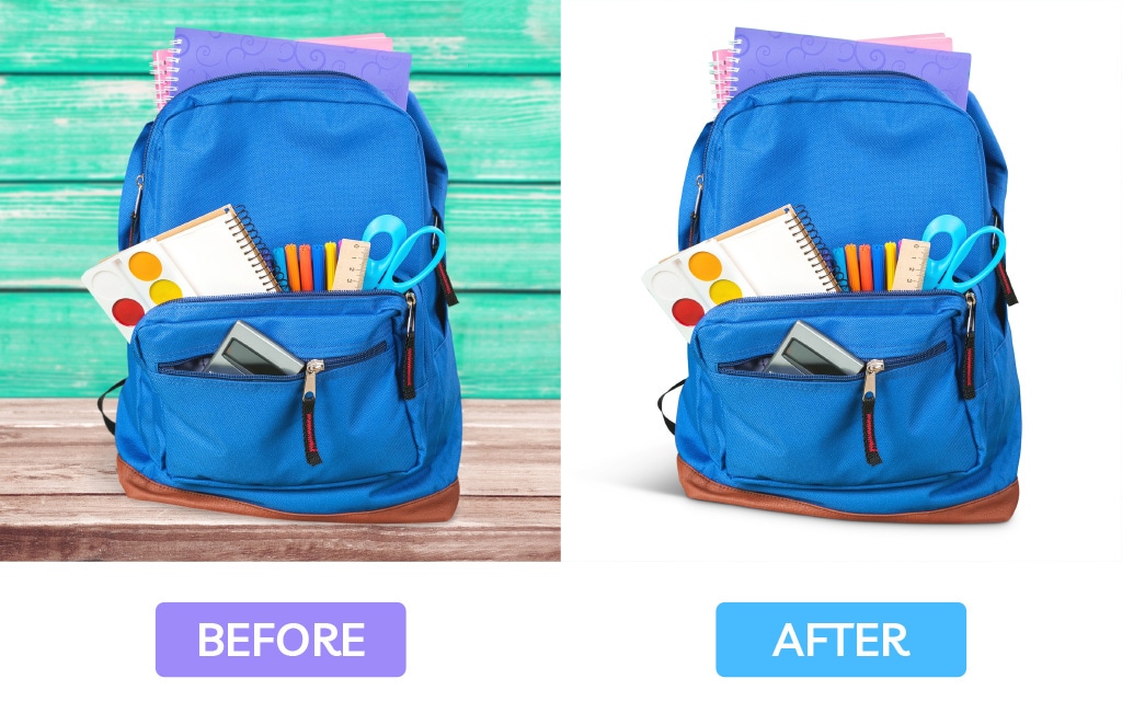 Blue backpack with school supplies on wood background before and after clipping path background removal