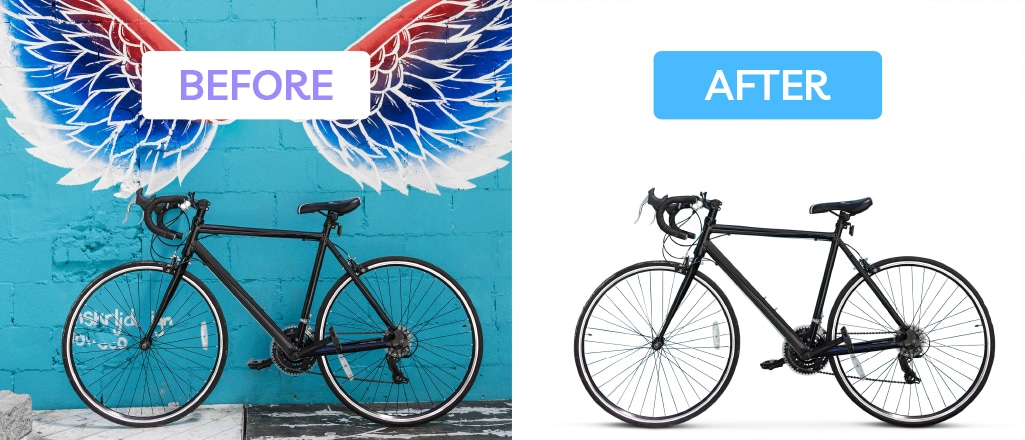 Black bicycle with colorful wings backdrop before and after multi-clipping path background removal