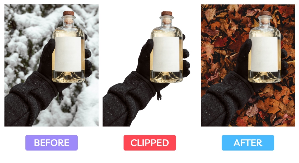 Product bottle held against snow, clipped, and placed on autumn leaves background.