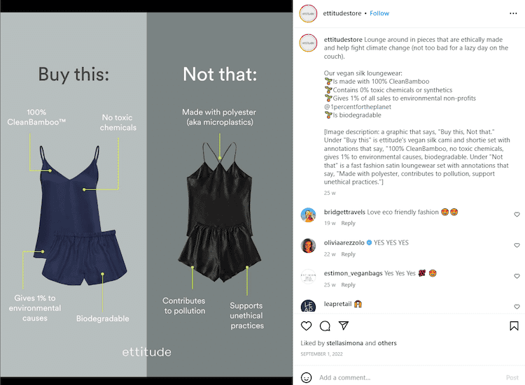 Comparison of Ettitude's eco-friendly bamboo loungewear with a polyester option highlighting sustainability benefits