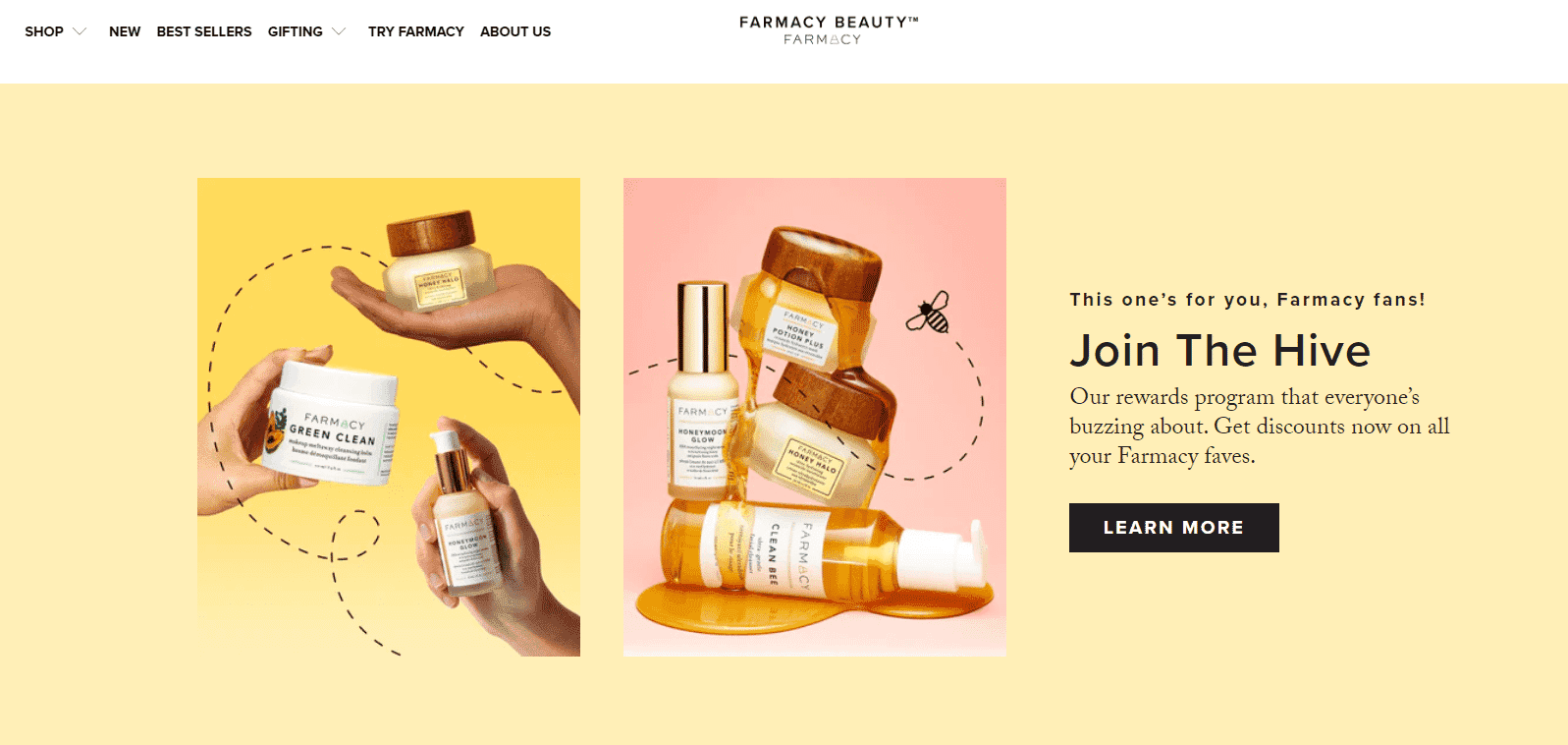 Farmacy Beauty skincare products displayed with loyalty program invitation on yellow background