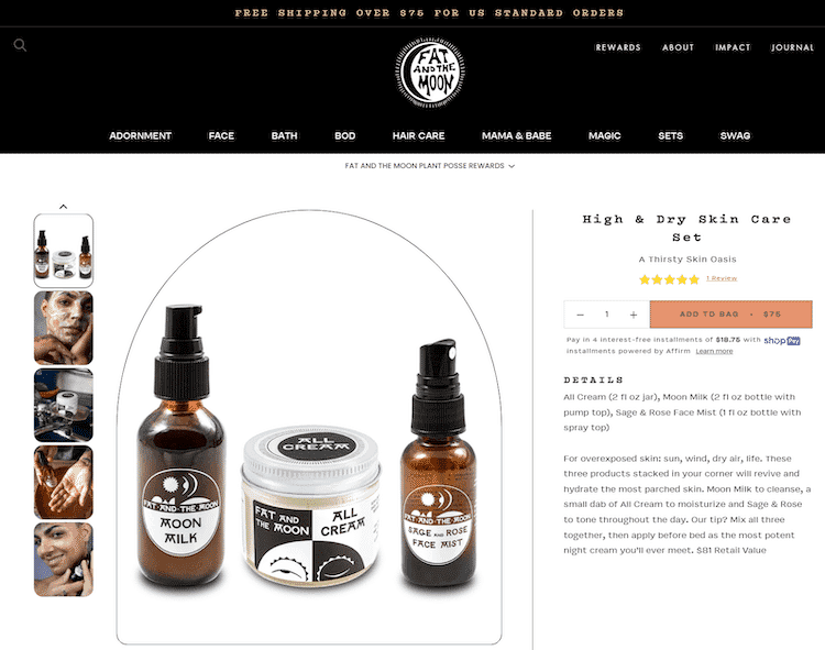 Fat and the Moon High & Dry Skin Care Set with Moon Milk, All Cream, and Sage & Rose Face Mist for hydration