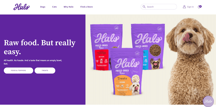 Halo pet food homepage featuring freeze-dried food packs and a fluffy dog.
