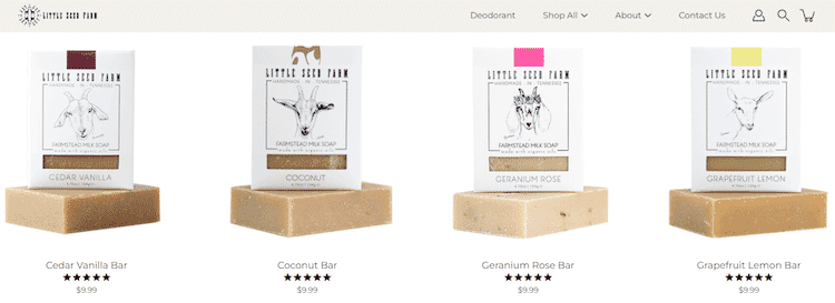 Four Little Seed Farm soap bars in Cedar Vanilla, Coconut, Geranium Rose, and Grapefruit Lemon scents