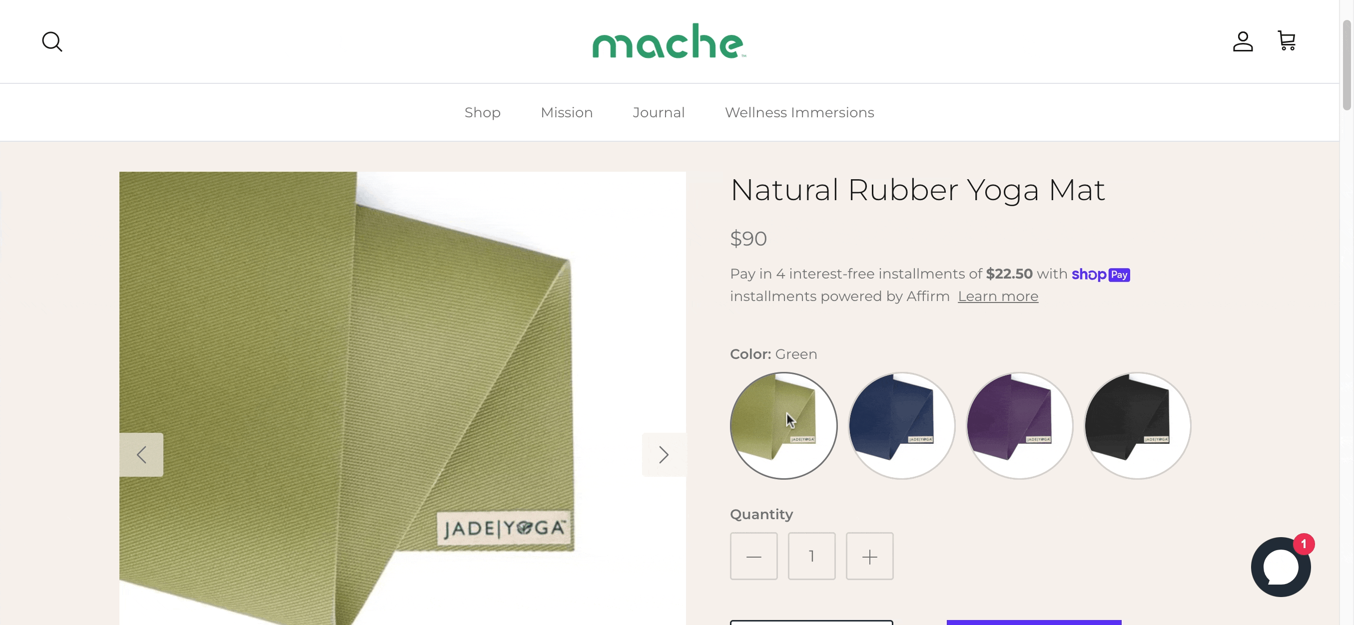 Green Mache natural rubber yoga mat with Jade Yoga logo.