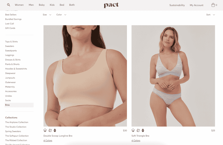 Models wearing Pact Double Scoop Longline Bra in beige and Soft Triangle Bra in striped design