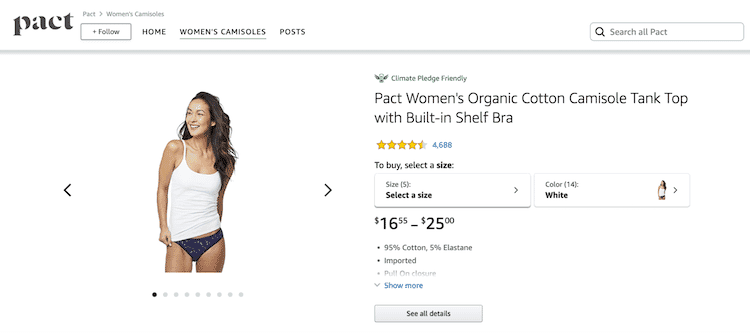 Model wearing Pact Women's Organic Cotton Camisole Tank Top with built-in shelf bra in white.