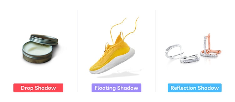 Examples of drop, floating, and reflection shadows on tin, sneaker, and earrings.