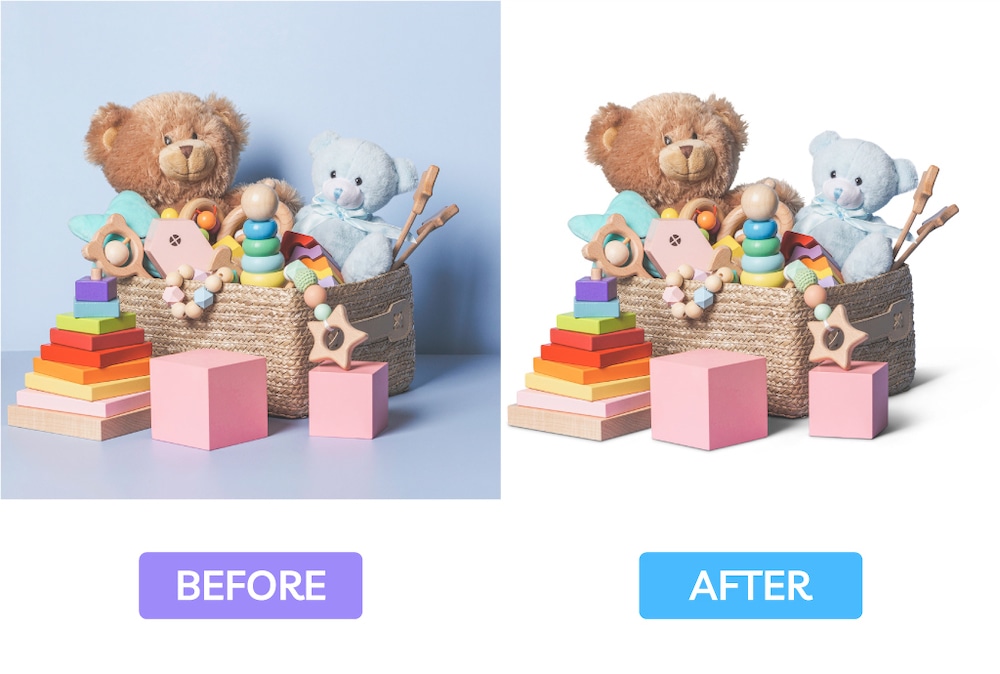 Before and after image masking background removal on toy-filled basket with teddy bears and wooden toys.