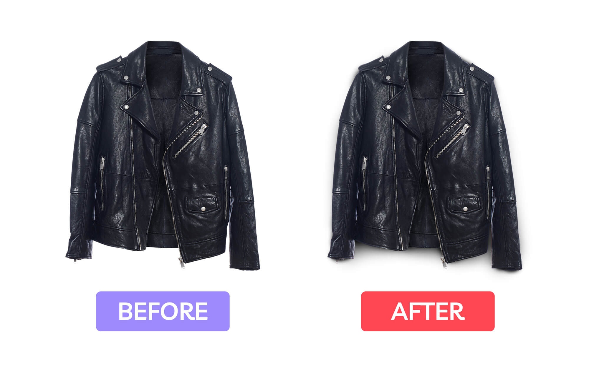Comparison of black leather jacket before and after using ghost mannequin effect for a professional finish.