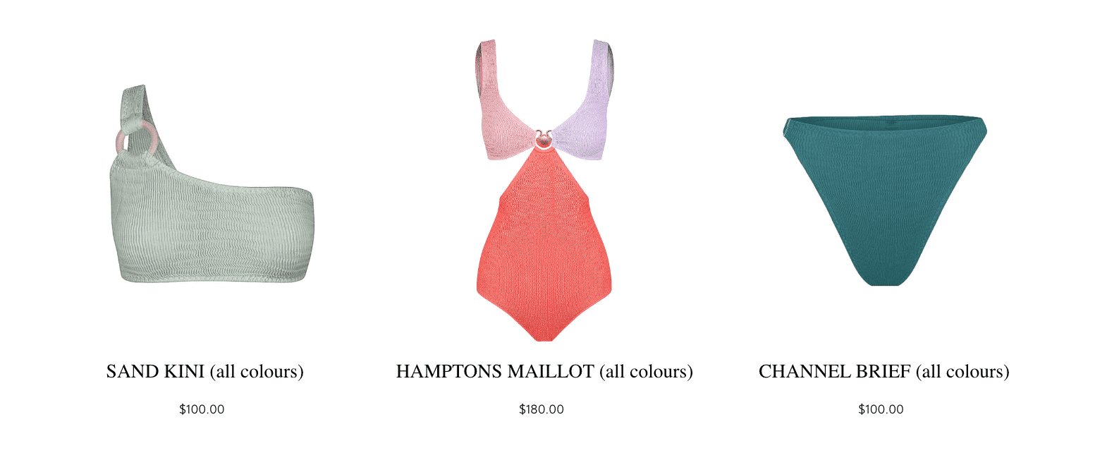 Cleonie swimwear styles: Sand Kini, Hamptons Maillot, and Channel Brief available in various colors.