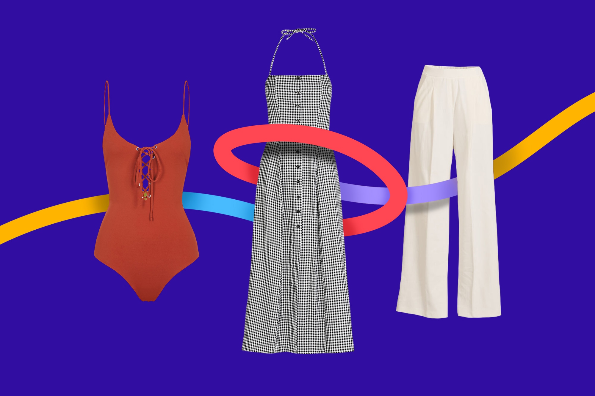 Ghost mannequin display of a red swimsuit, checkered dress, and white pants on a vibrant background.