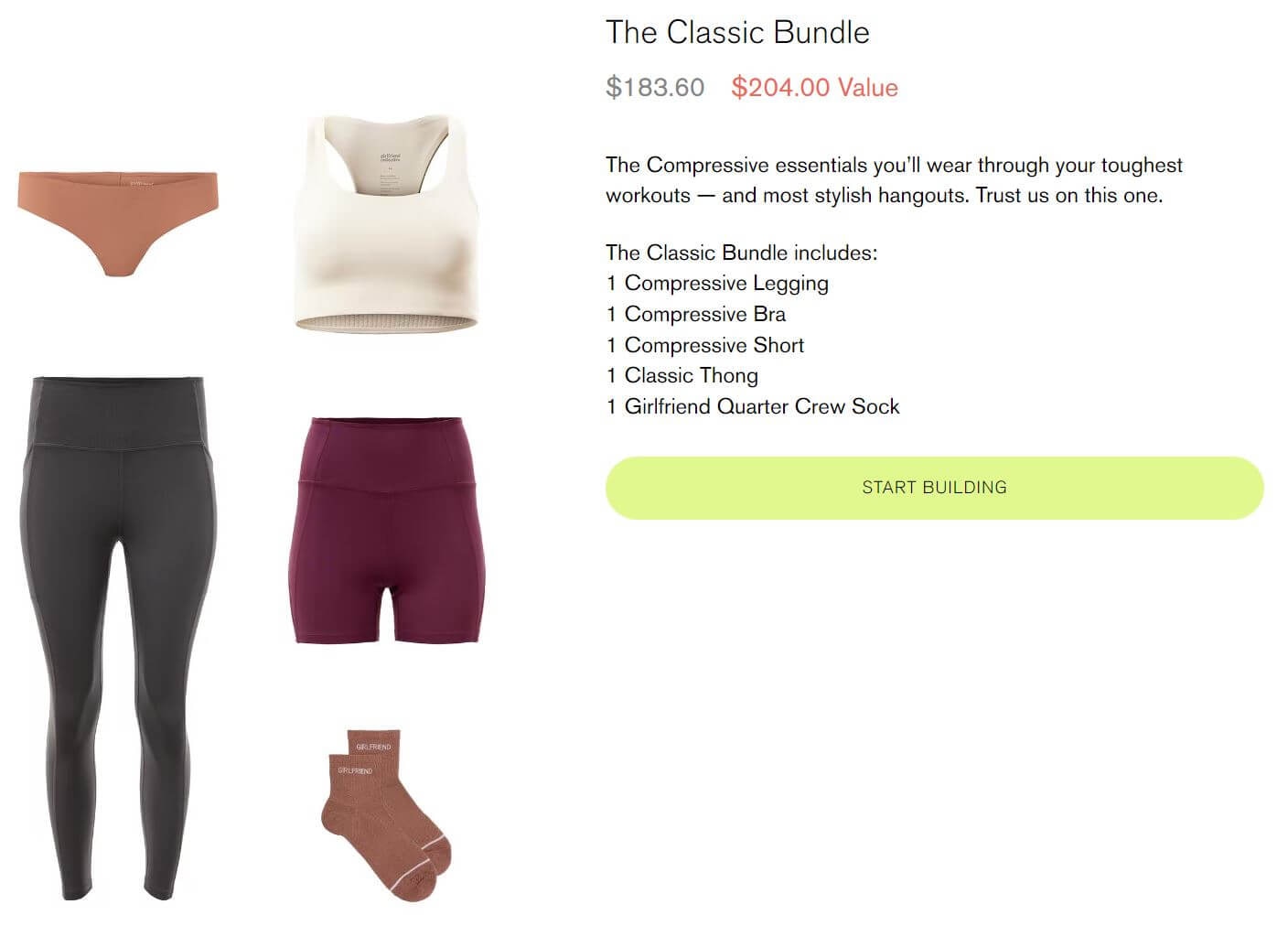 Girlfriend Collective Classic Bundle with compressive leggings, bra, shorts, thong, and crew socks for workouts.
