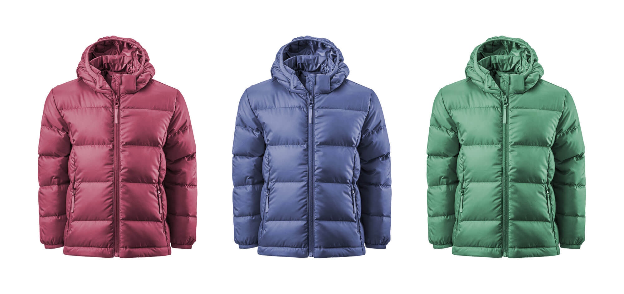 Three hooded puffer jackets in red, blue, and green color variants displayed side-by-side.