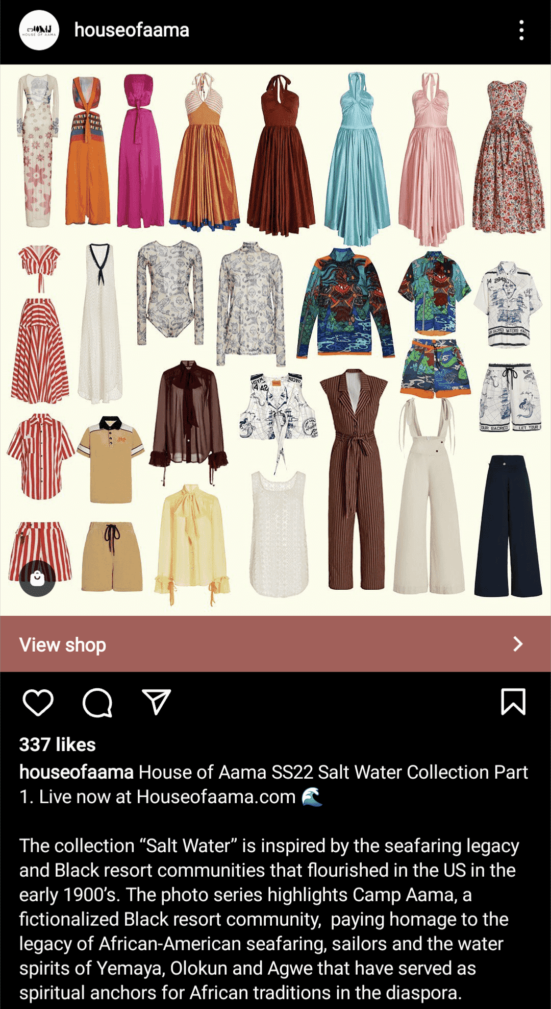 House of Aama SS22 Salt Water Collection showcasing diverse outfits inspired by African-American seafaring heritage.
