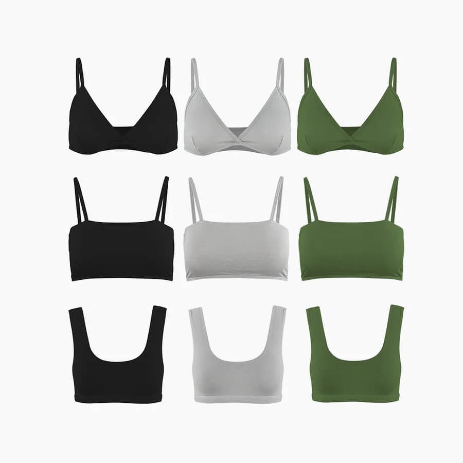 Assorted bralettes in black, gray, and green, featuring various minimalist styles arranged in a 3x3 grid.