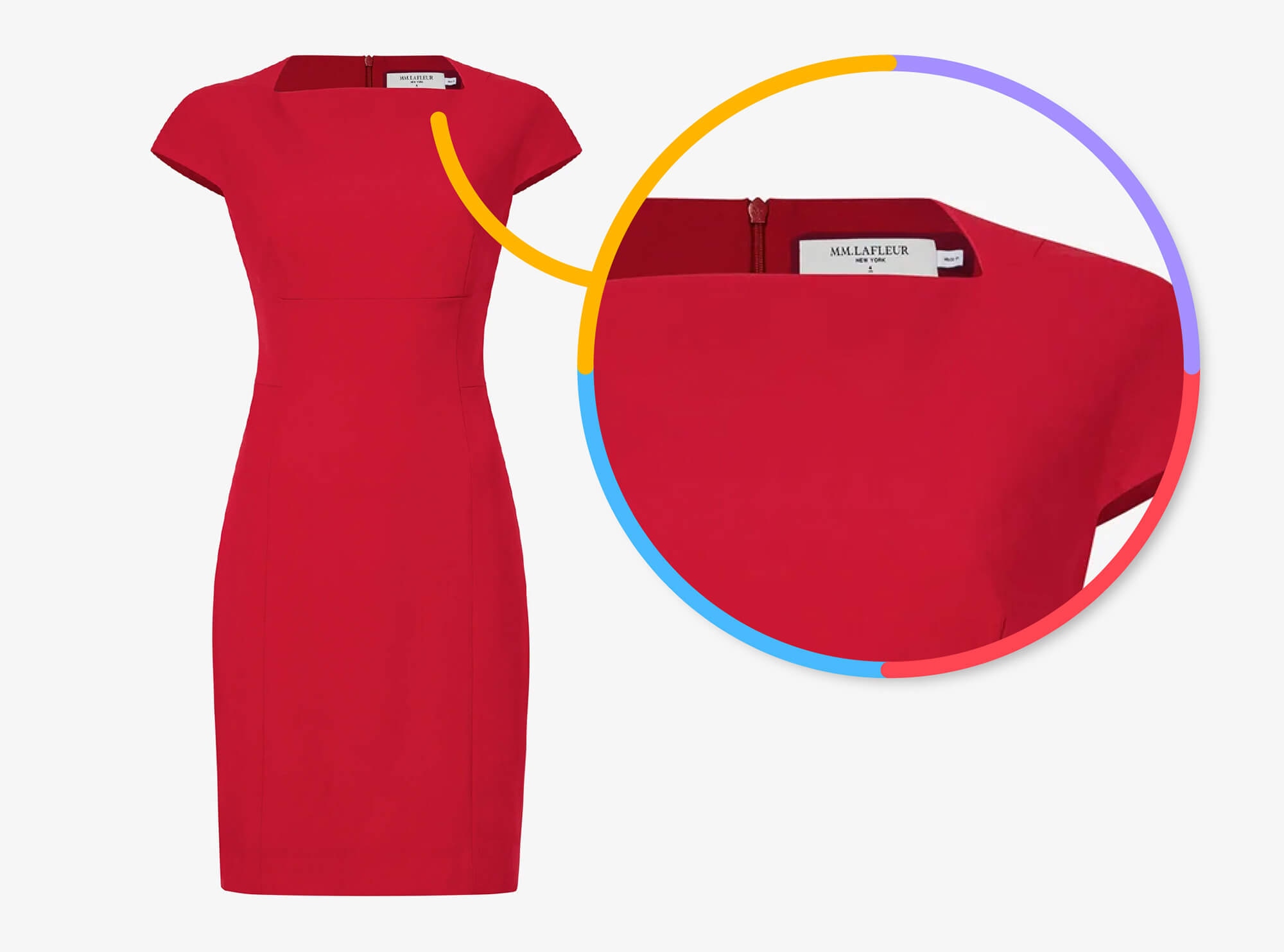 Red dress with zoomed-in detail on label area, showcasing brand and fabric quality.