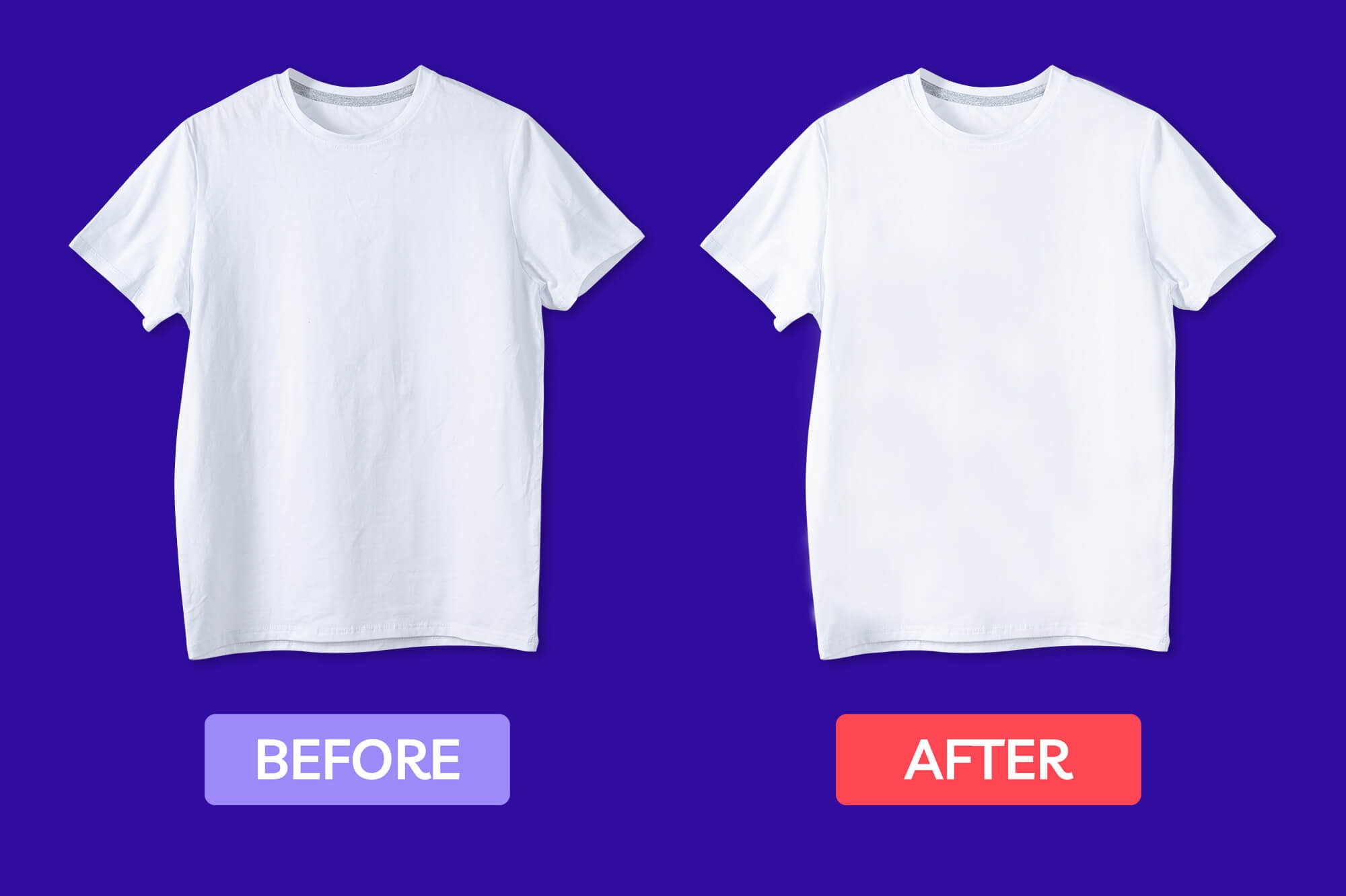Comparison of white T-shirt before and after applying the ghost mannequin effect for a polished look.