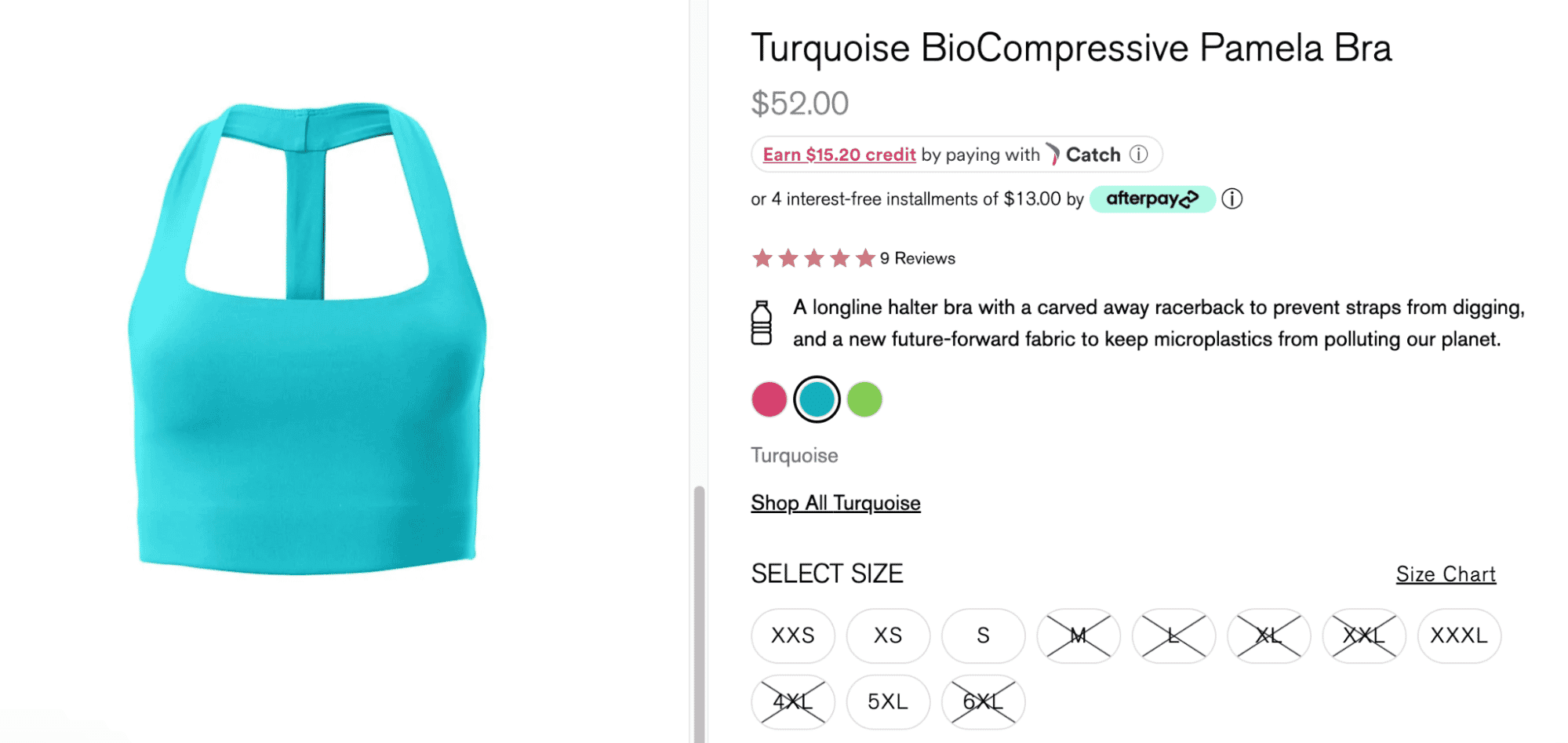 Turquoise BioCompressive Pamela Bra product page with size and color selection options.