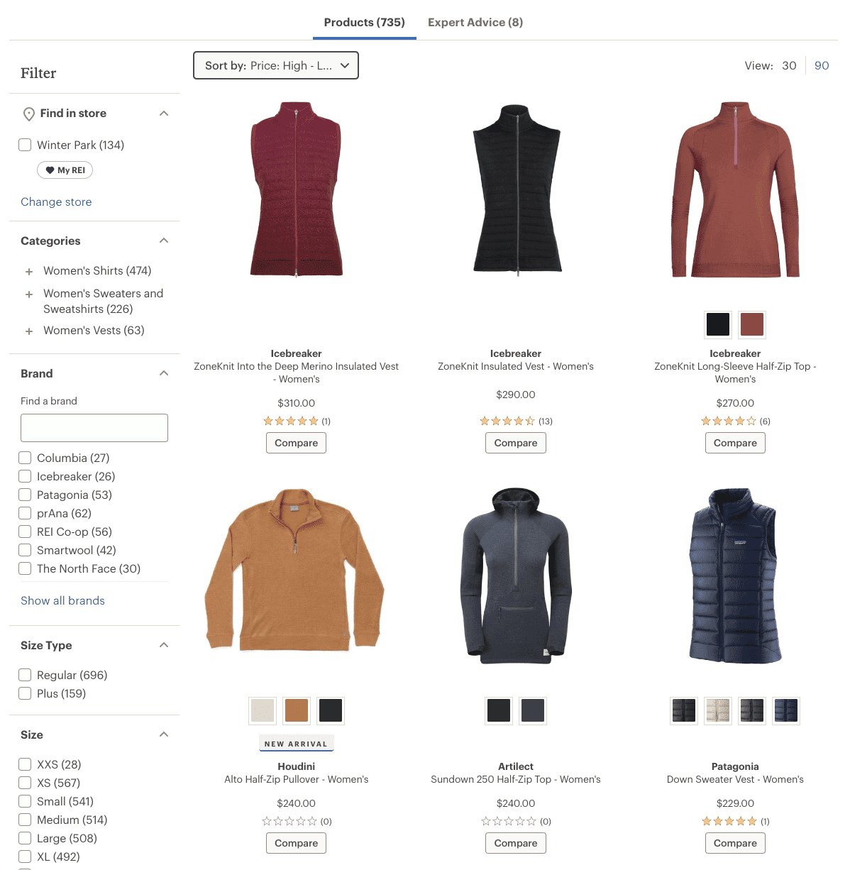 Filtered display of women's winter vests and sweaters with options for brand, size, and category.