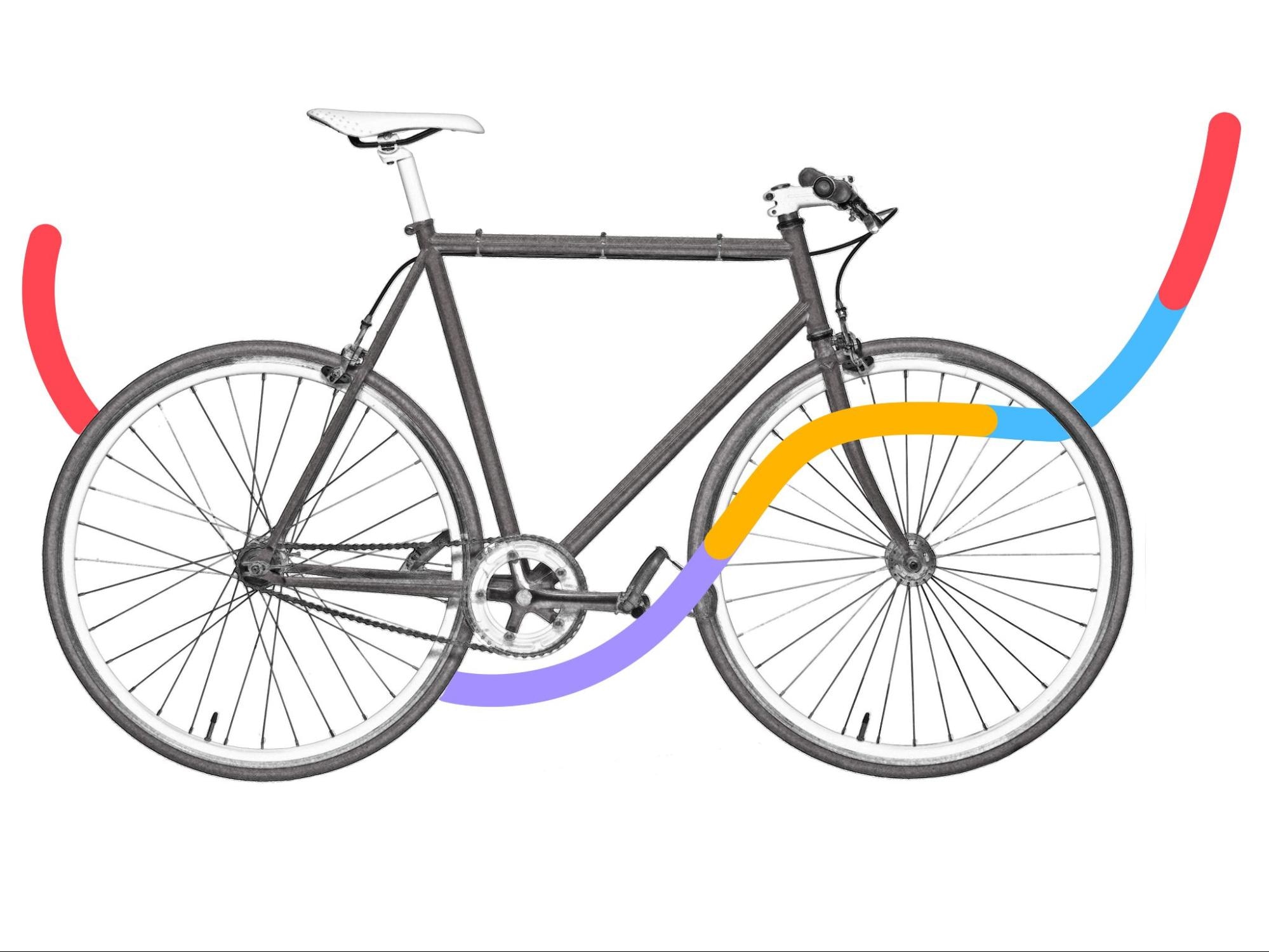 Grayscale bicycle image with pencil sketch effect and colorful abstract lines.