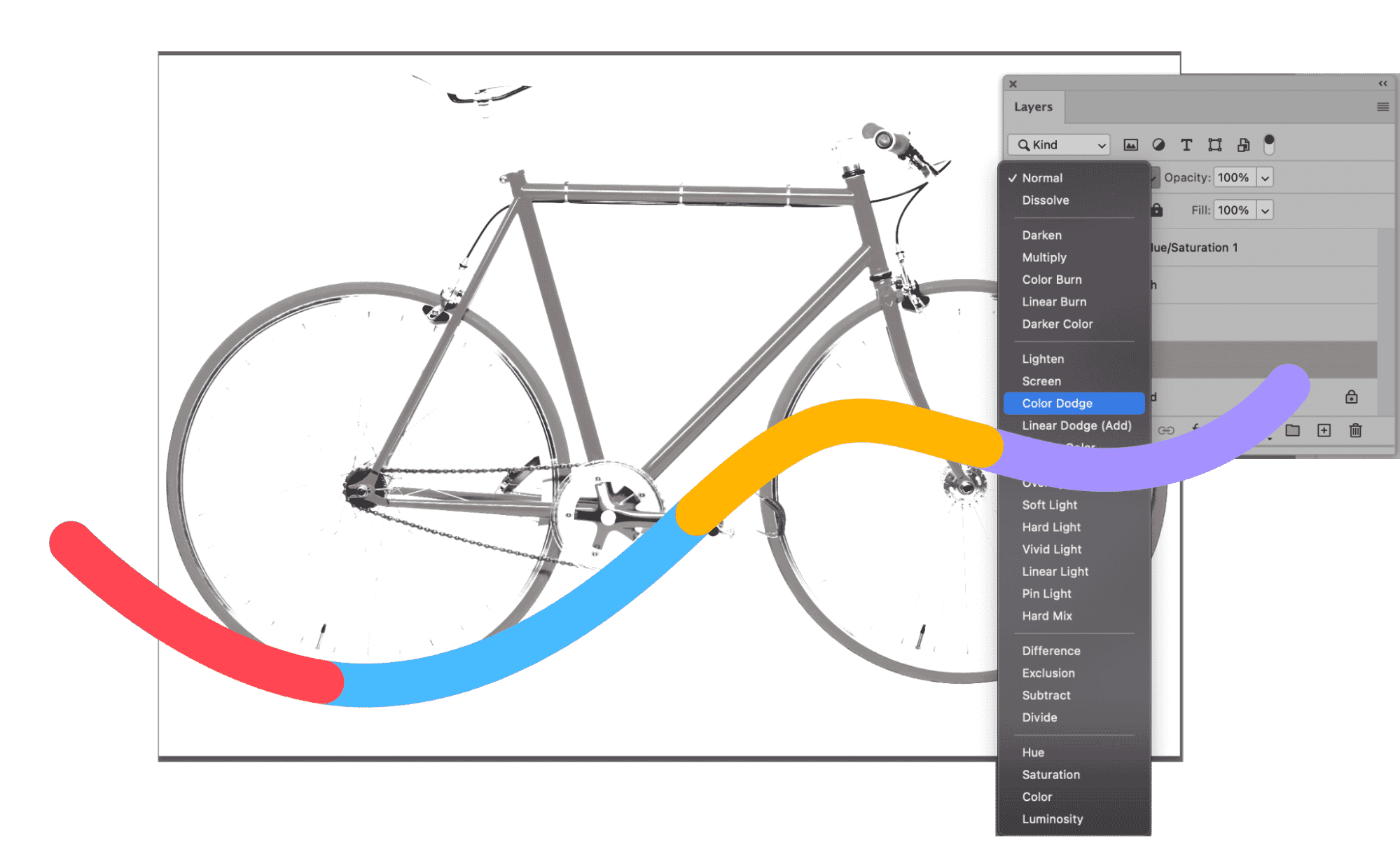 Photoshop Layers panel showing Color Dodge blending mode applied to grayscale bicycle image.