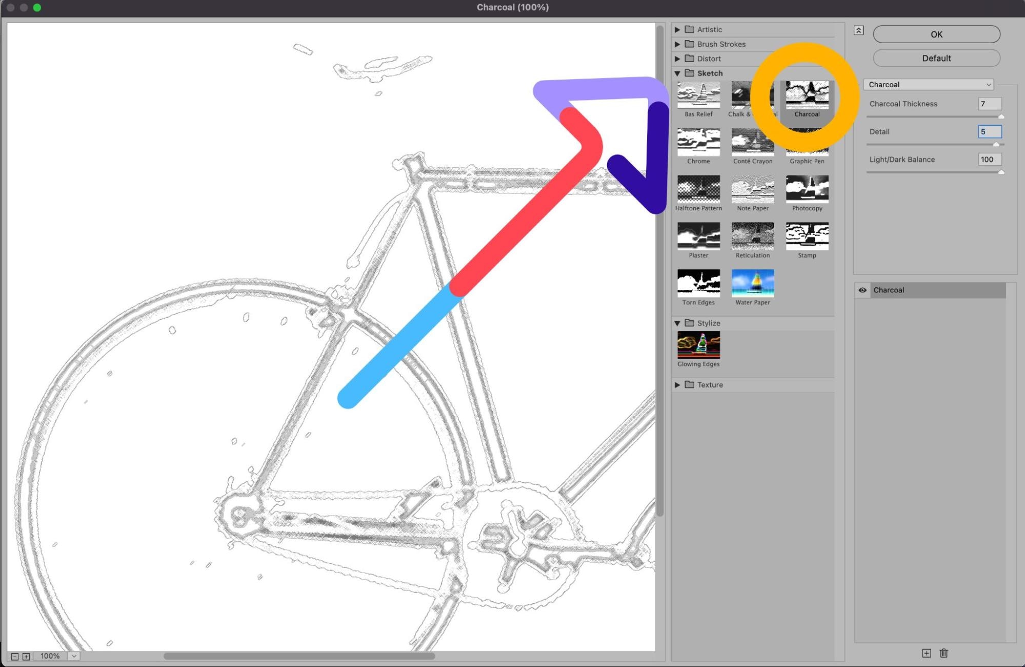 Photoshop Charcoal filter applied to bicycle image with adjustable thickness and detail settings.
